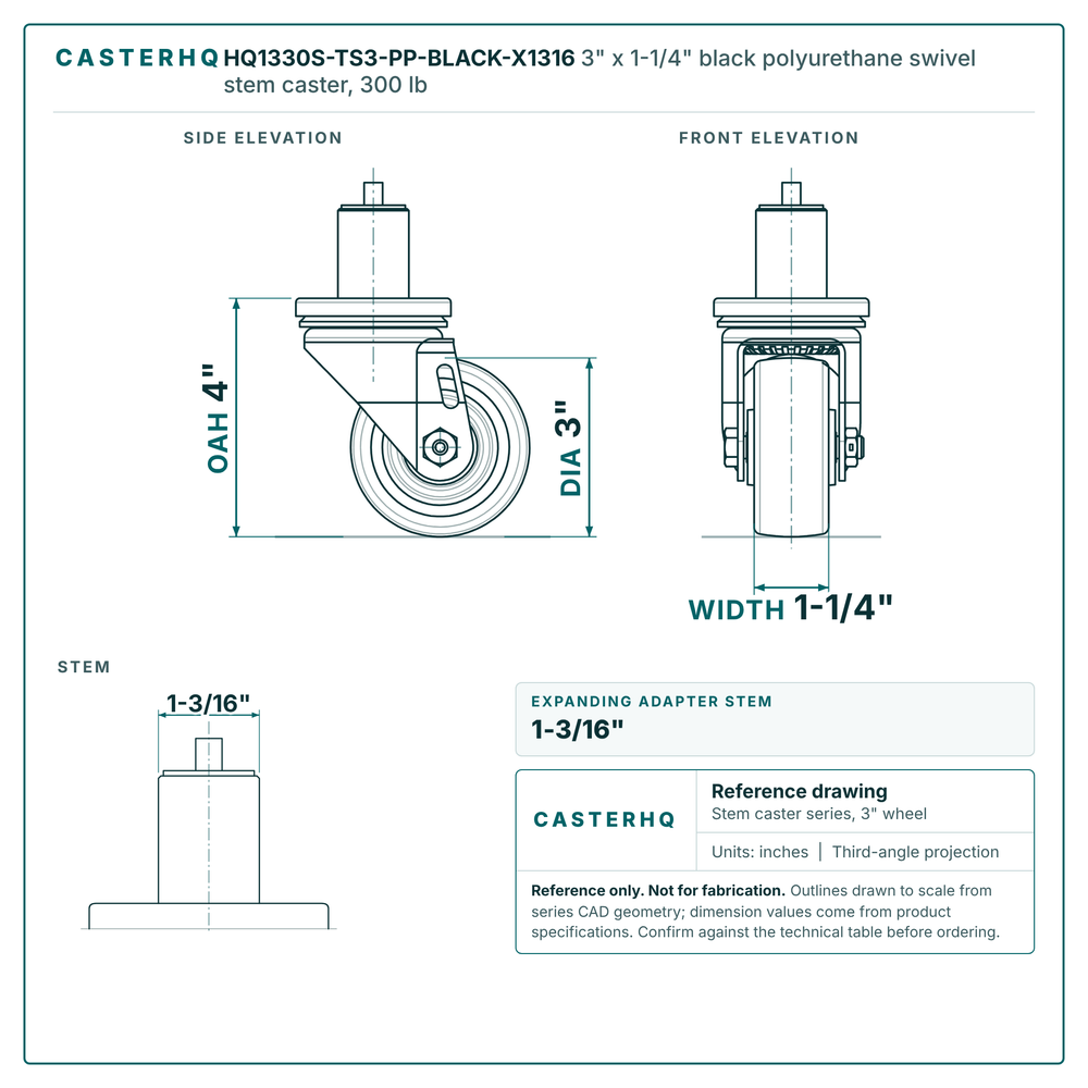 HQ1330S-TS3-PP-BLACK-X1316 3" x 1-1/4" black polyurethane swivel stem caster, 300 lb reference drawing, side, front and stem views with dimensions
