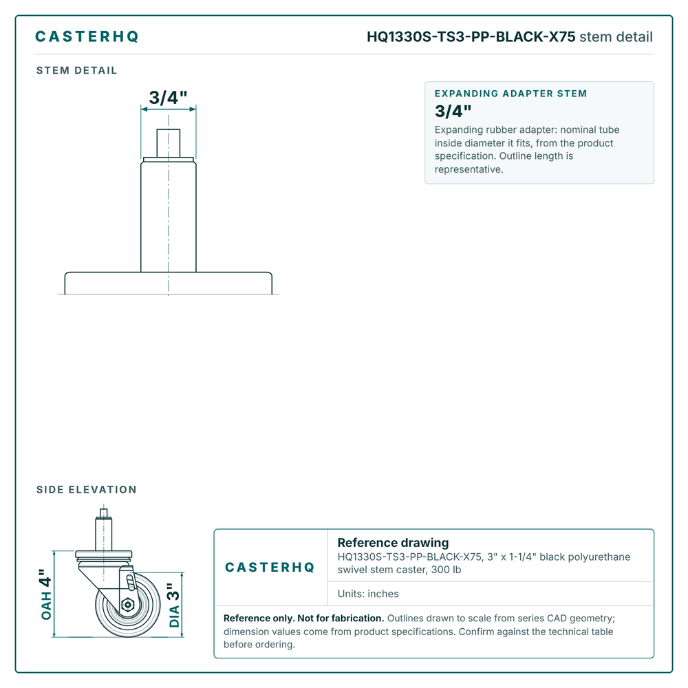 HQ1330S-TS3-PP-BLACK-X75 stem detail drawing, expanding adapter stem 3/4"