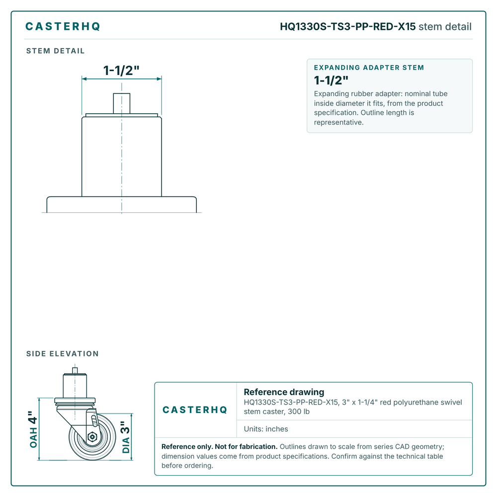 HQ1330S-TS3-PP-RED-X15 stem detail drawing, expanding adapter stem 1-1/2"