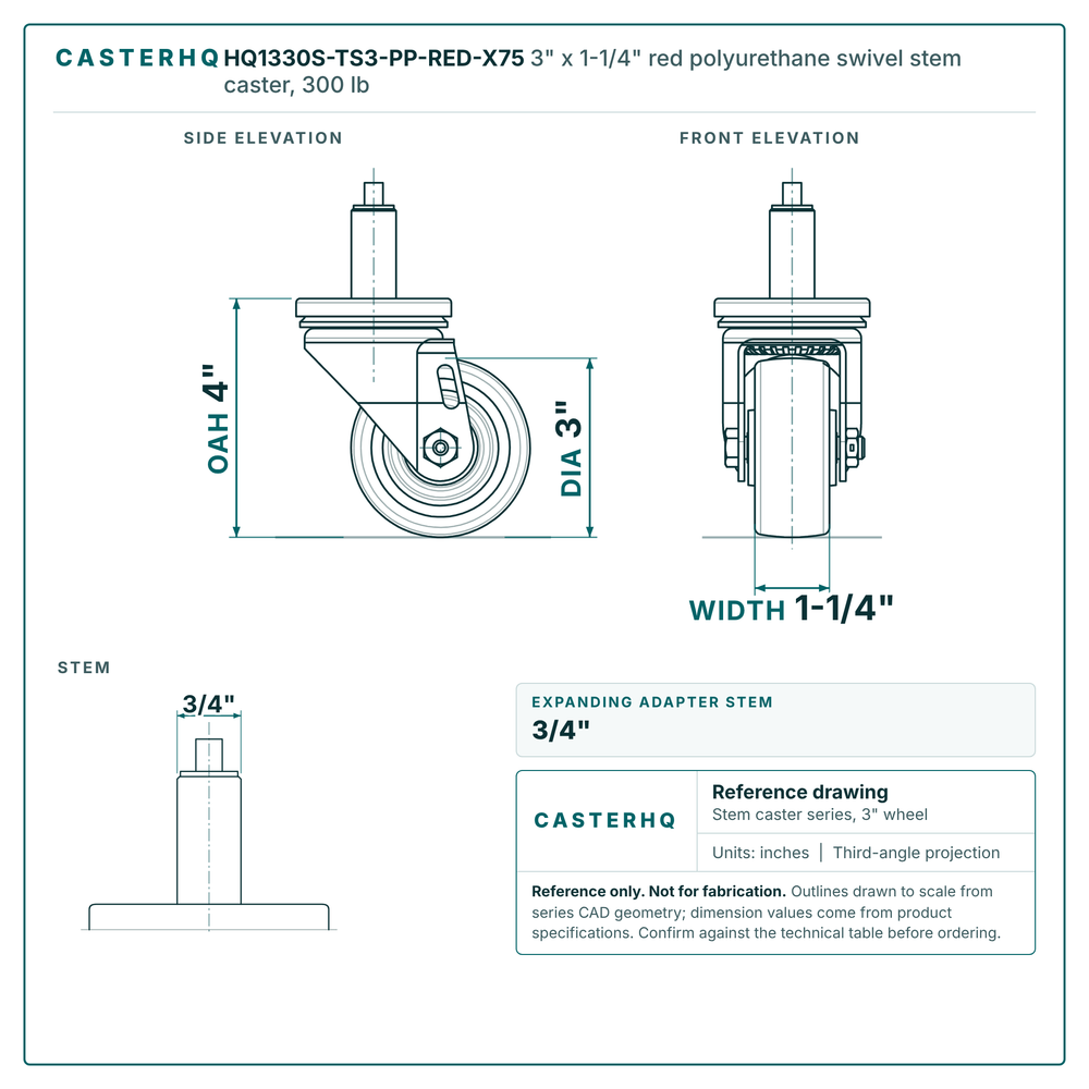 HQ1330S-TS3-PP-RED-X75 3" x 1-1/4" red polyurethane swivel stem caster, 300 lb reference drawing, side, front and stem views with dimensions