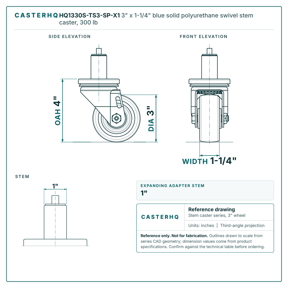 HQ1330S-TS3-SP-X1 3" x 1-1/4" blue solid polyurethane swivel stem caster, 300 lb reference drawing, side, front and stem views with dimensions