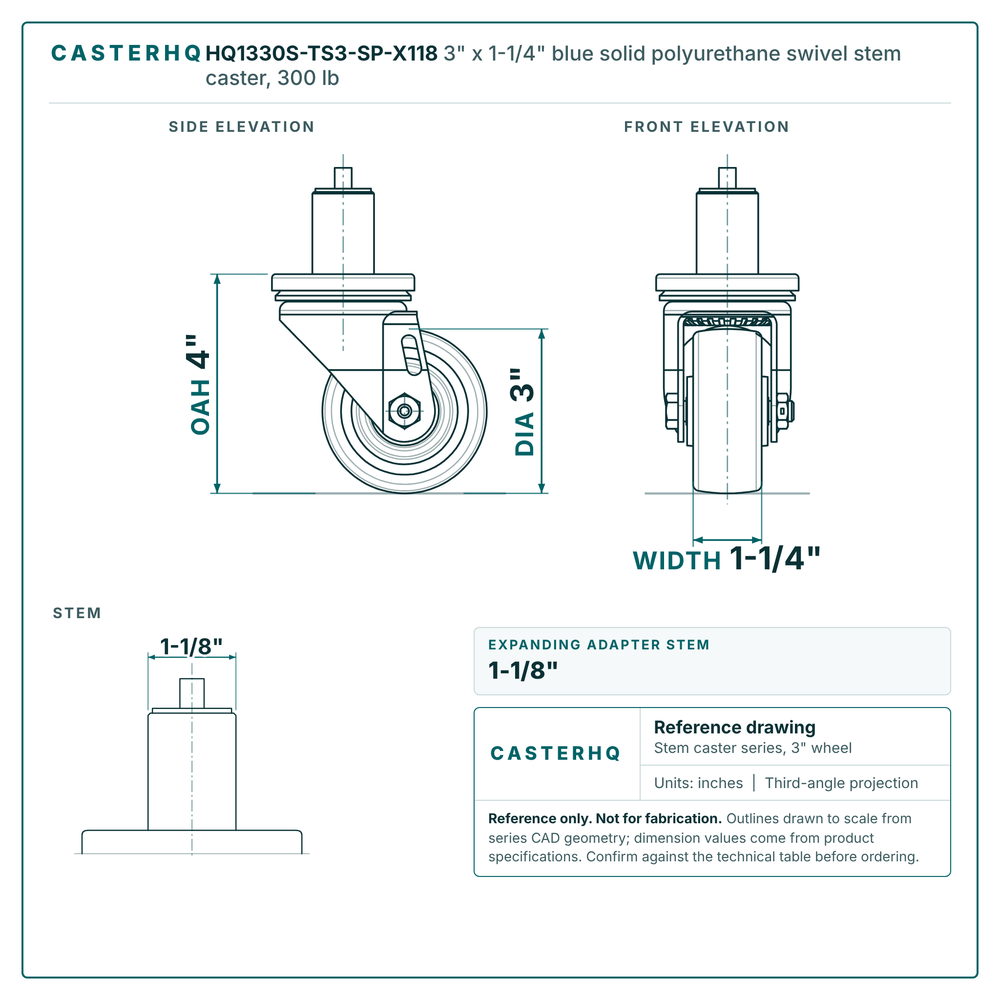 HQ1330S-TS3-SP-X118 3" x 1-1/4" blue solid polyurethane swivel stem caster, 300 lb reference drawing, side, front and stem views with dimensions