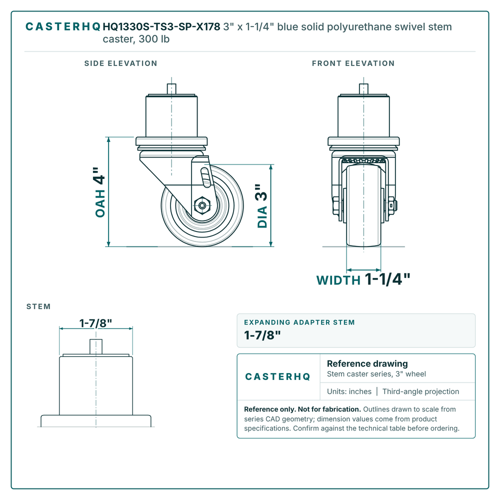 HQ1330S-TS3-SP-X178 3" x 1-1/4" blue solid polyurethane swivel stem caster, 300 lb reference drawing, side, front and stem views with dimensions