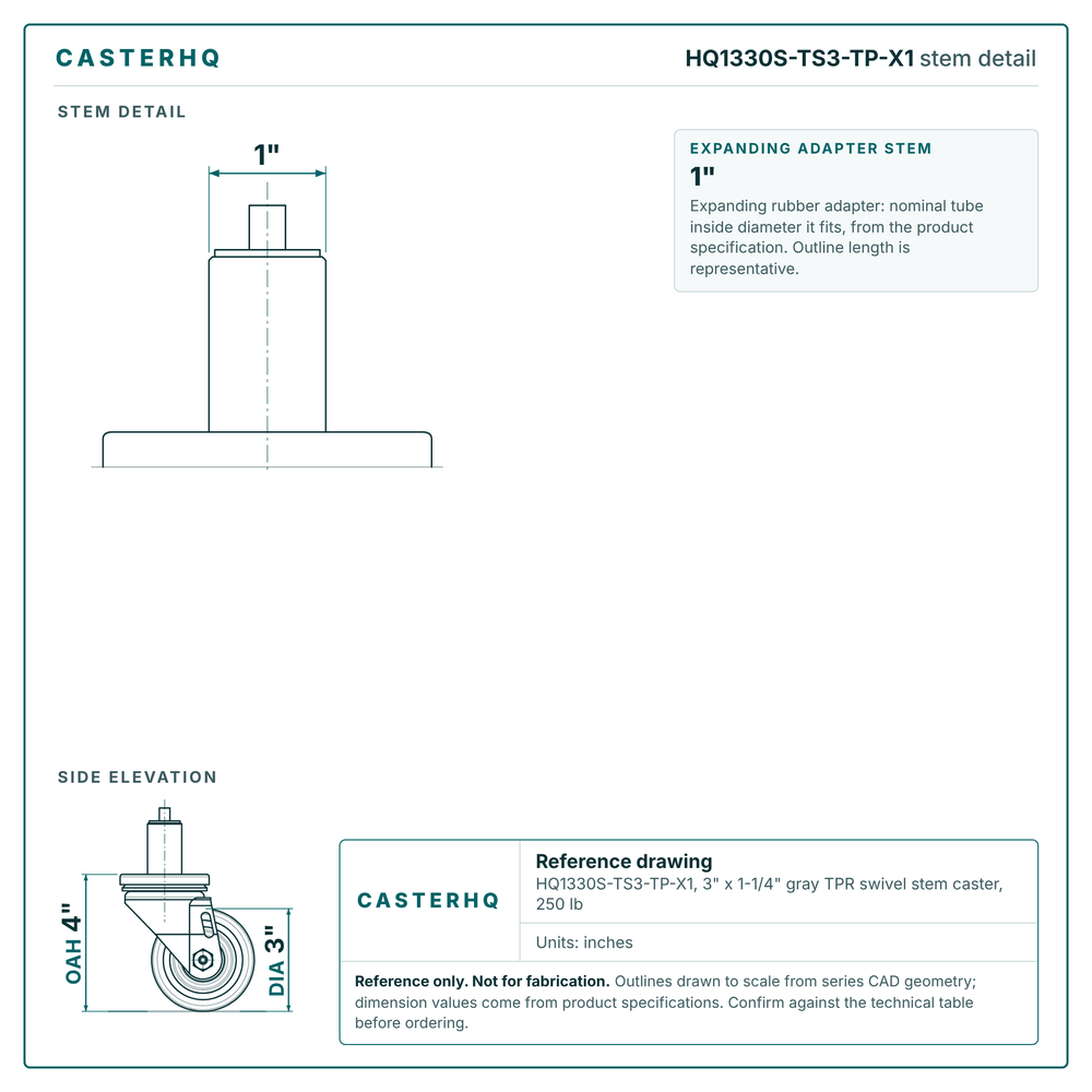 HQ1330S-TS3-TP-X1 stem detail drawing, expanding adapter stem 1"