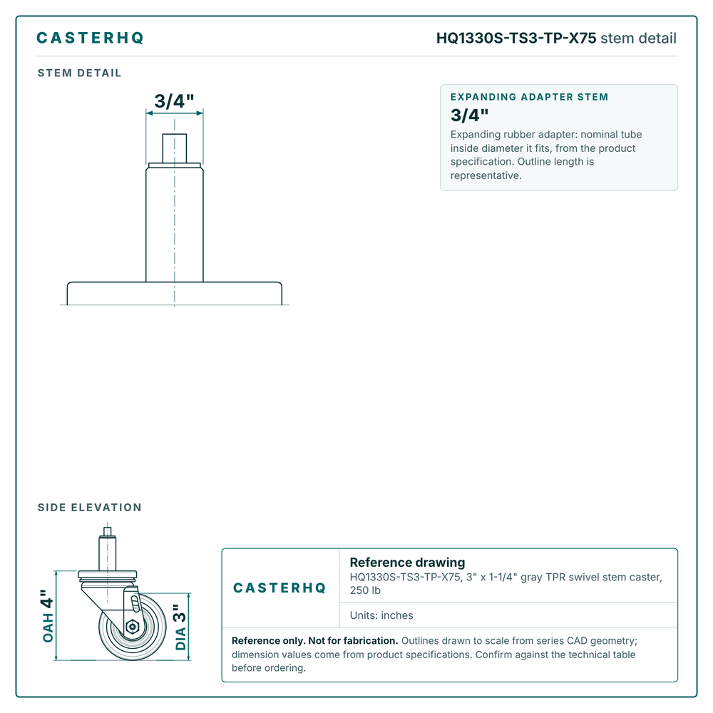HQ1330S-TS3-TP-X75 stem detail drawing, expanding adapter stem 3/4"