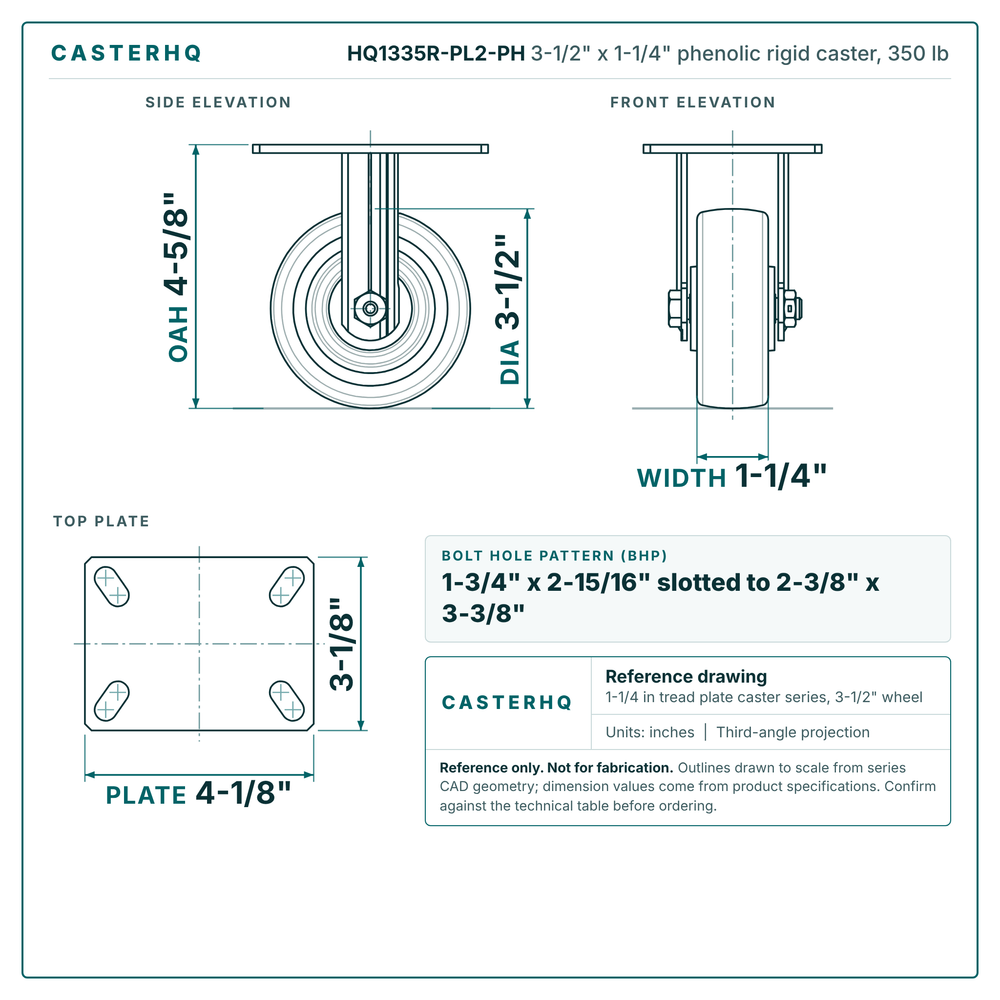 HQ1335R-PL2-PH 3-1/2 x 1-1/4 in phenolic rigid caster reference drawing, side, front and top plate views with dimensions