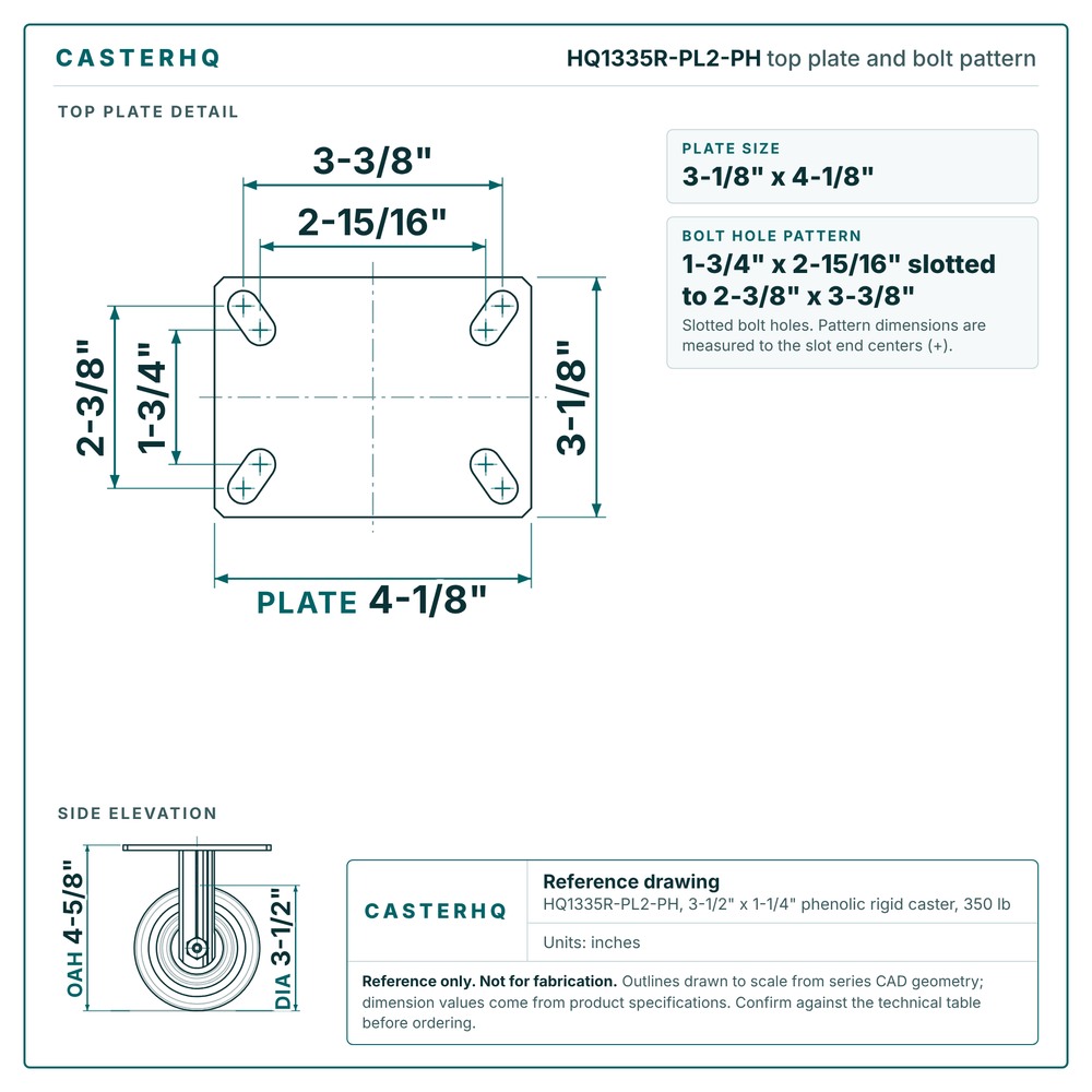 HQ1335R-PL2-PH top plate bolt pattern drawing, 3-1/8 x 4-1/8 in plate, slotted bolt holes