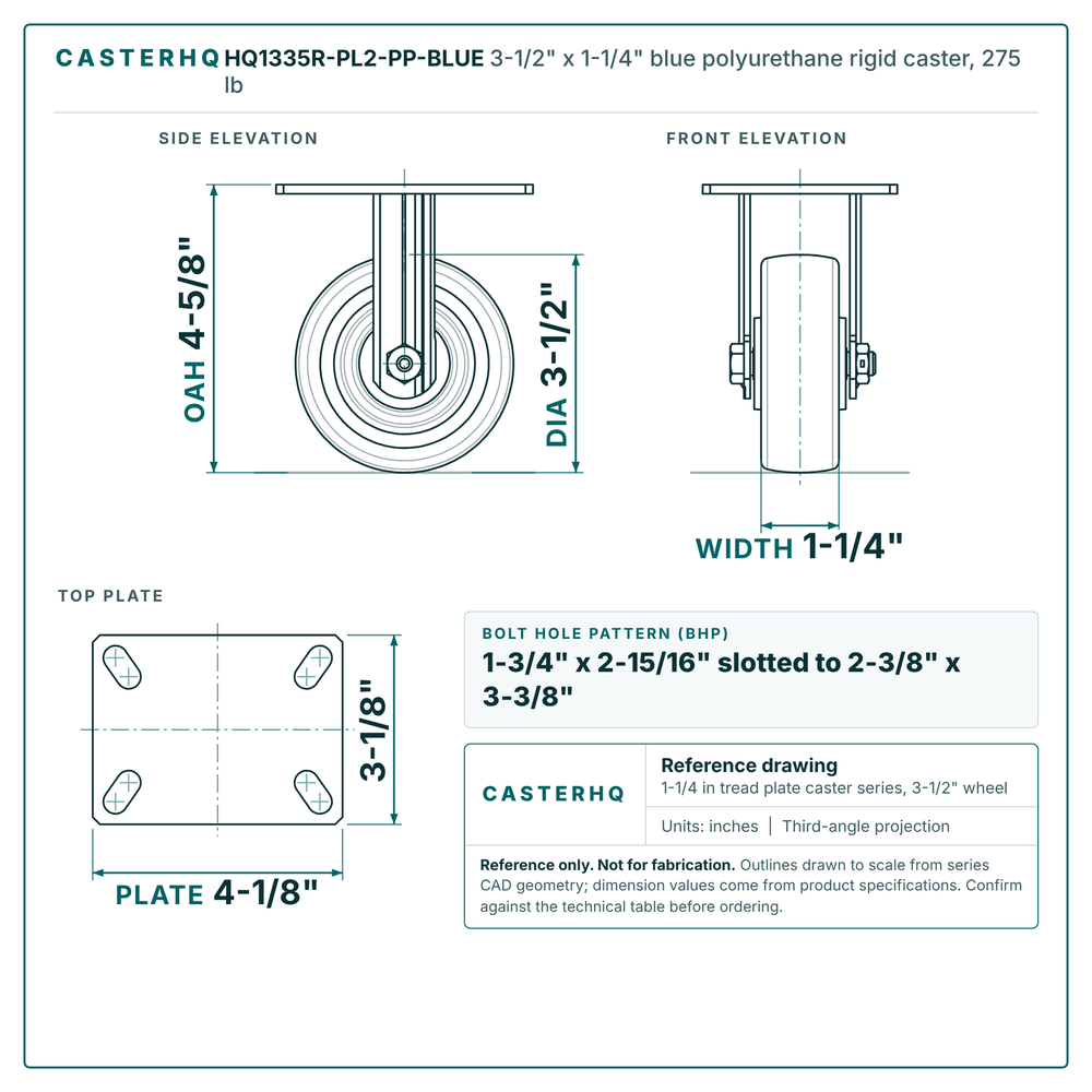 HQ1335R-PL2-PP-BLUE 3-1/2 x 1-1/4 in blue polyurethane rigid caster reference drawing, side, front and top plate views with dimensions