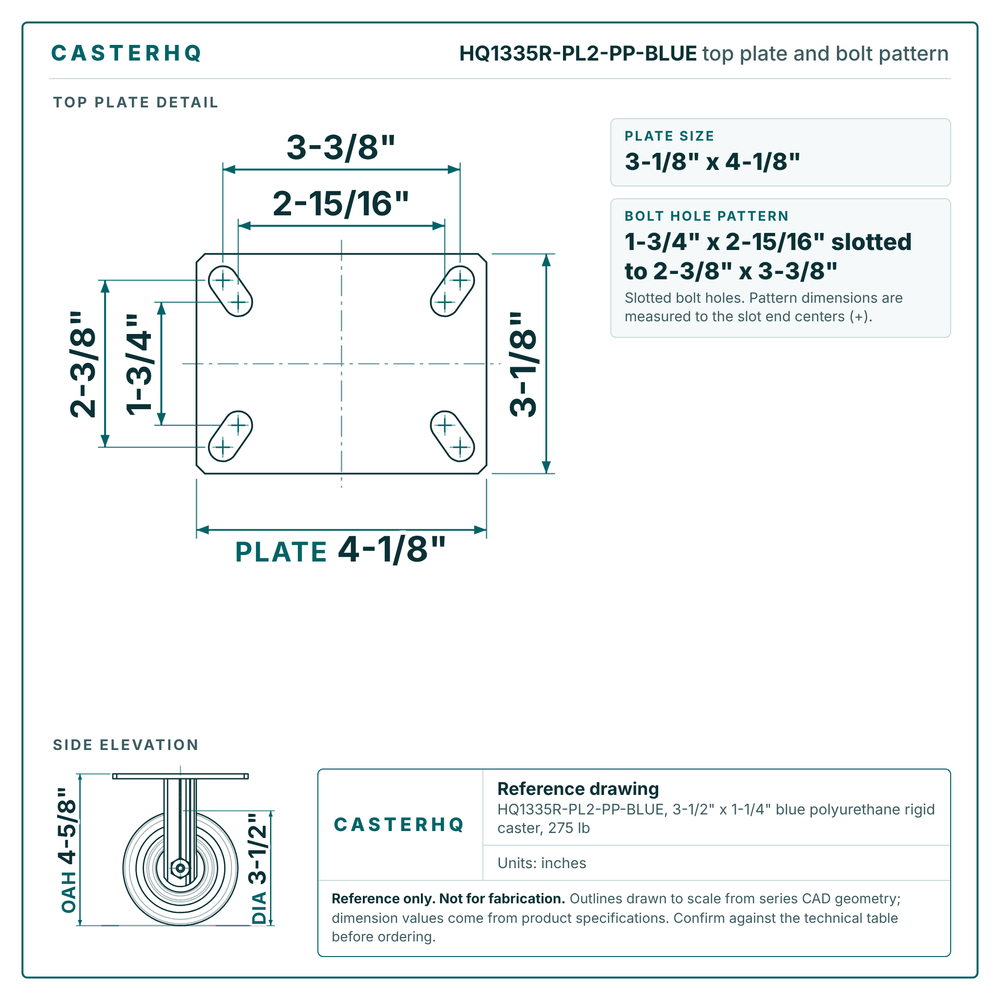 HQ1335R-PL2-PP-BLUE top plate bolt pattern drawing, 3-1/8 x 4-1/8 in plate, slotted bolt holes