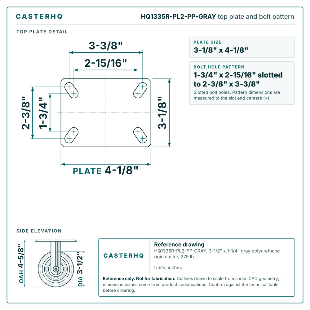 HQ1335R-PL2-PP-GRAY top plate bolt pattern drawing, 3-1/8 x 4-1/8 in plate, slotted bolt holes