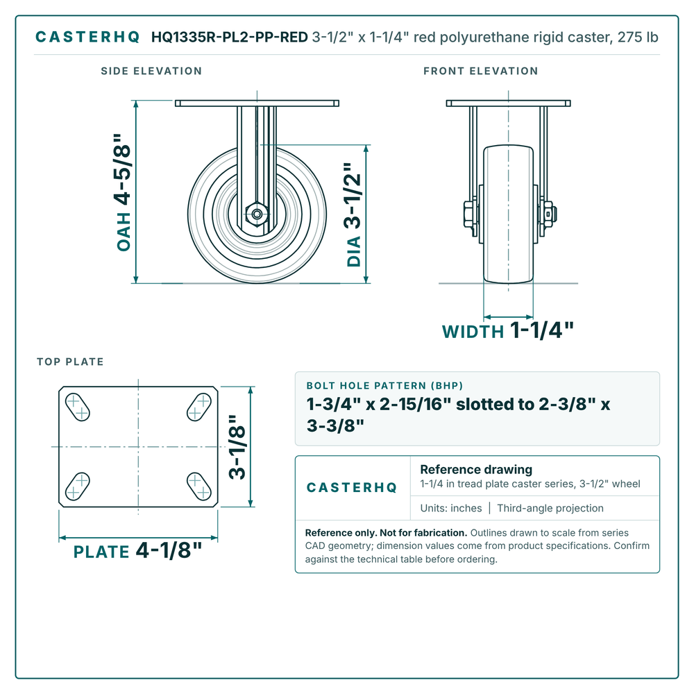 HQ1335R-PL2-PP-RED 3-1/2 x 1-1/4 in red polyurethane rigid caster reference drawing, side, front and top plate views with dimensions