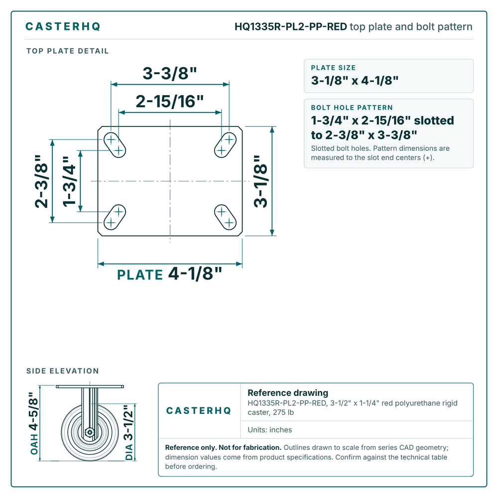 HQ1335R-PL2-PP-RED top plate bolt pattern drawing, 3-1/8 x 4-1/8 in plate, slotted bolt holes