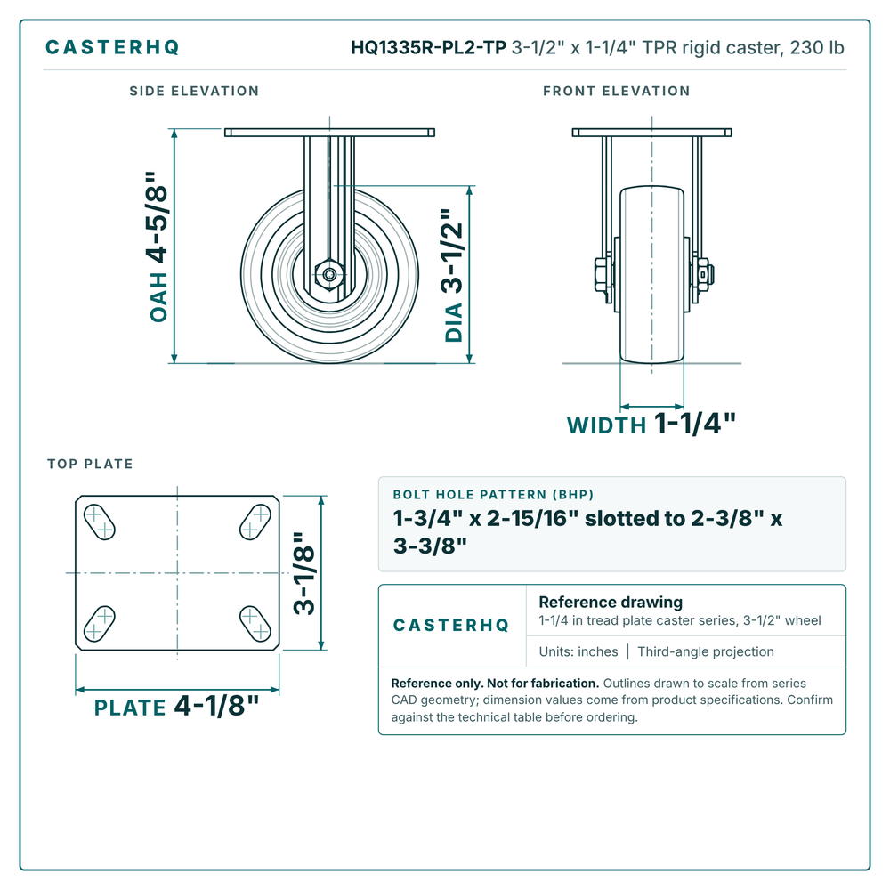 HQ1335R-PL2-TP 3-1/2 x 1-1/4 in TPR rigid caster reference drawing, side, front and top plate views with dimensions