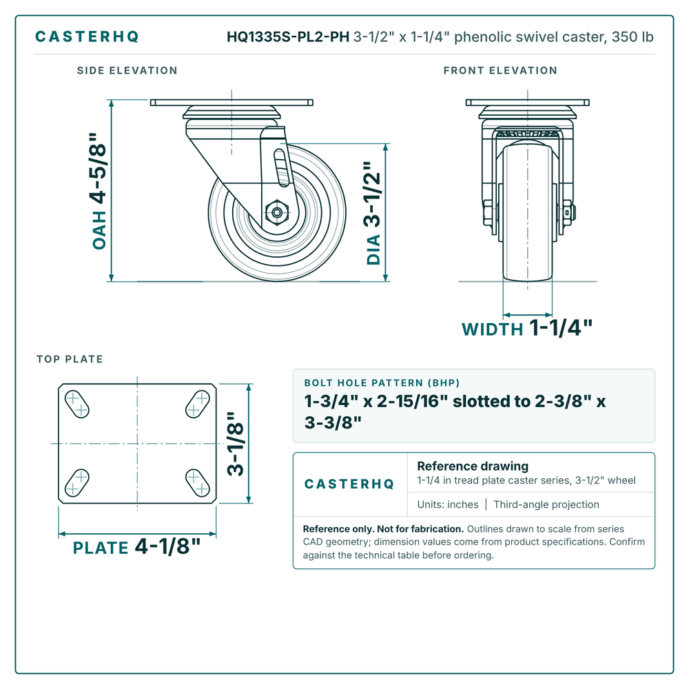 HQ1335S-PL2-PH 3-1/2 x 1-1/4 in phenolic swivel caster reference drawing, side, front and top plate views with dimensions