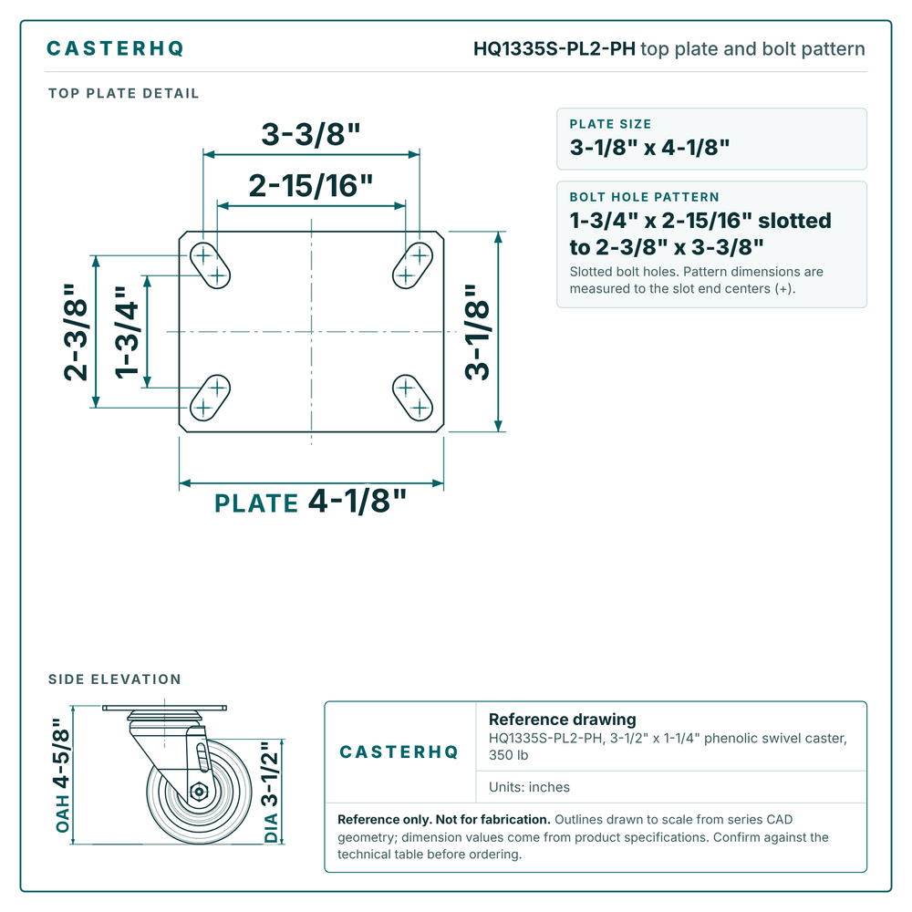 HQ1335S-PL2-PH top plate bolt pattern drawing, 3-1/8 x 4-1/8 in plate, slotted bolt holes
