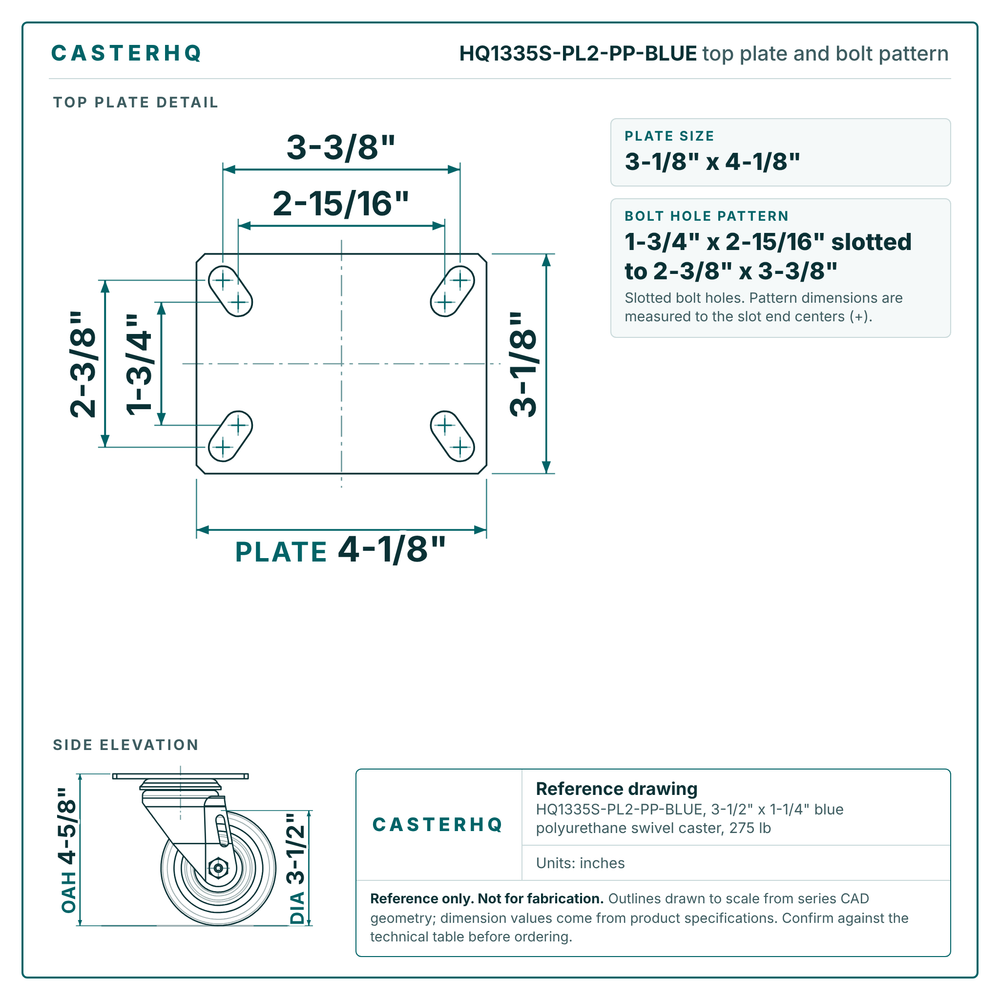 HQ1335S-PL2-PP-BLUE top plate bolt pattern drawing, 3-1/8 x 4-1/8 in plate, slotted bolt holes