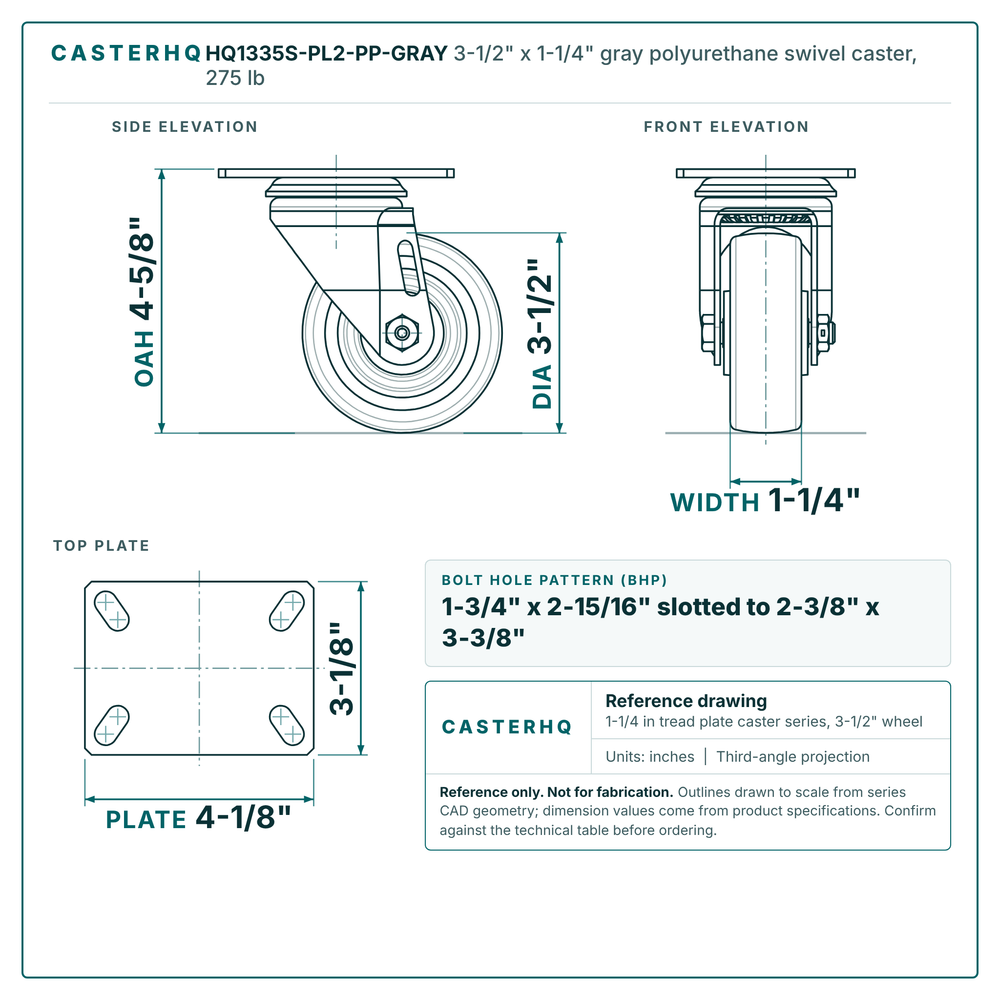 HQ1335S-PL2-PP-GRAY 3-1/2 x 1-1/4 in gray polyurethane swivel caster reference drawing, side, front and top plate views with dimensions