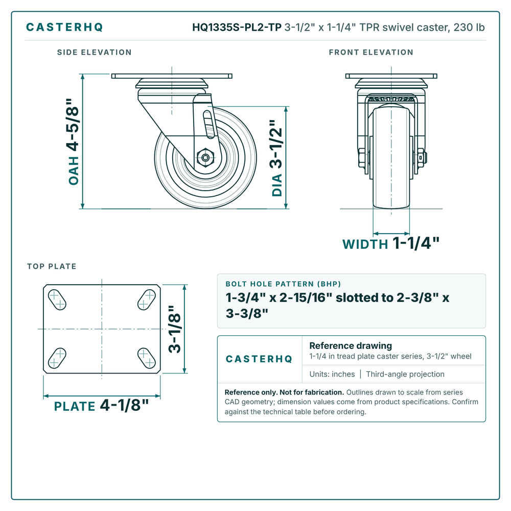 HQ1335S-PL2-TP 3-1/2 x 1-1/4 in TPR swivel caster reference drawing, side, front and top plate views with dimensions