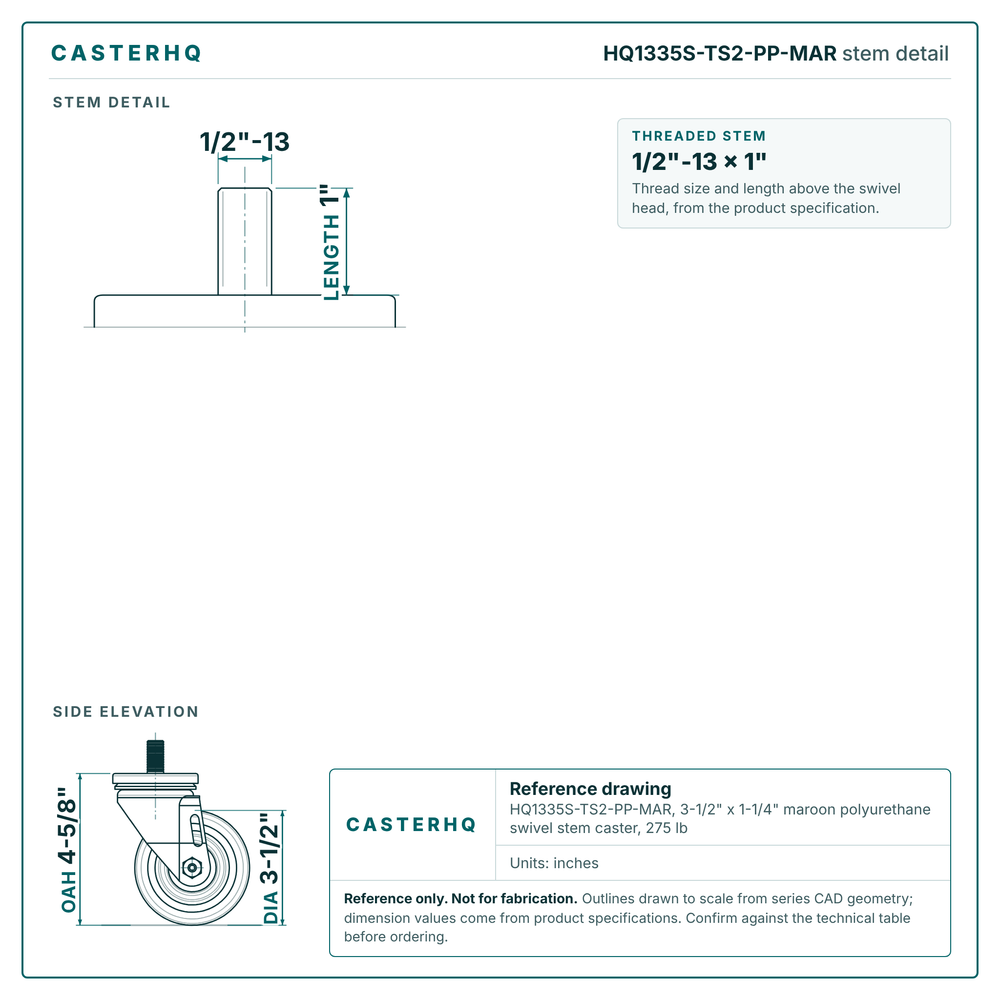 HQ1335S-TS2-PP-MAR stem detail drawing, threaded stem 1/2"-13 x 1"