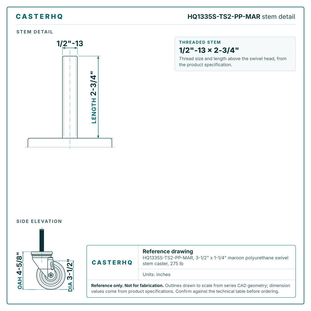 HQ1335S-TS2-PP-MAR stem detail drawing, threaded stem 1/2"-13 x 2-3/4"