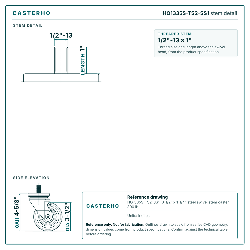 HQ1335S-TS2-SS1 stem detail drawing, threaded stem 1/2"-13 x 1"