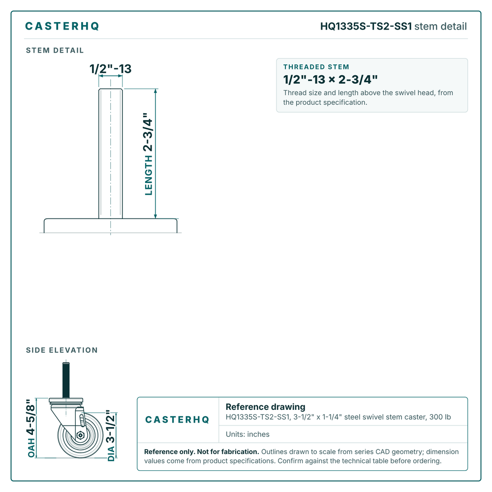 HQ1335S-TS2-SS1 stem detail drawing, threaded stem 1/2"-13 x 2-3/4"