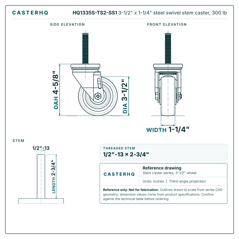 HQ1335S-TS2-SS1 3-1/2" x 1-1/4" steel swivel stem caster, 300 lb reference drawing, 1/2"-13 x 2-3/4" threaded stem, side, front and stem views with dimensions