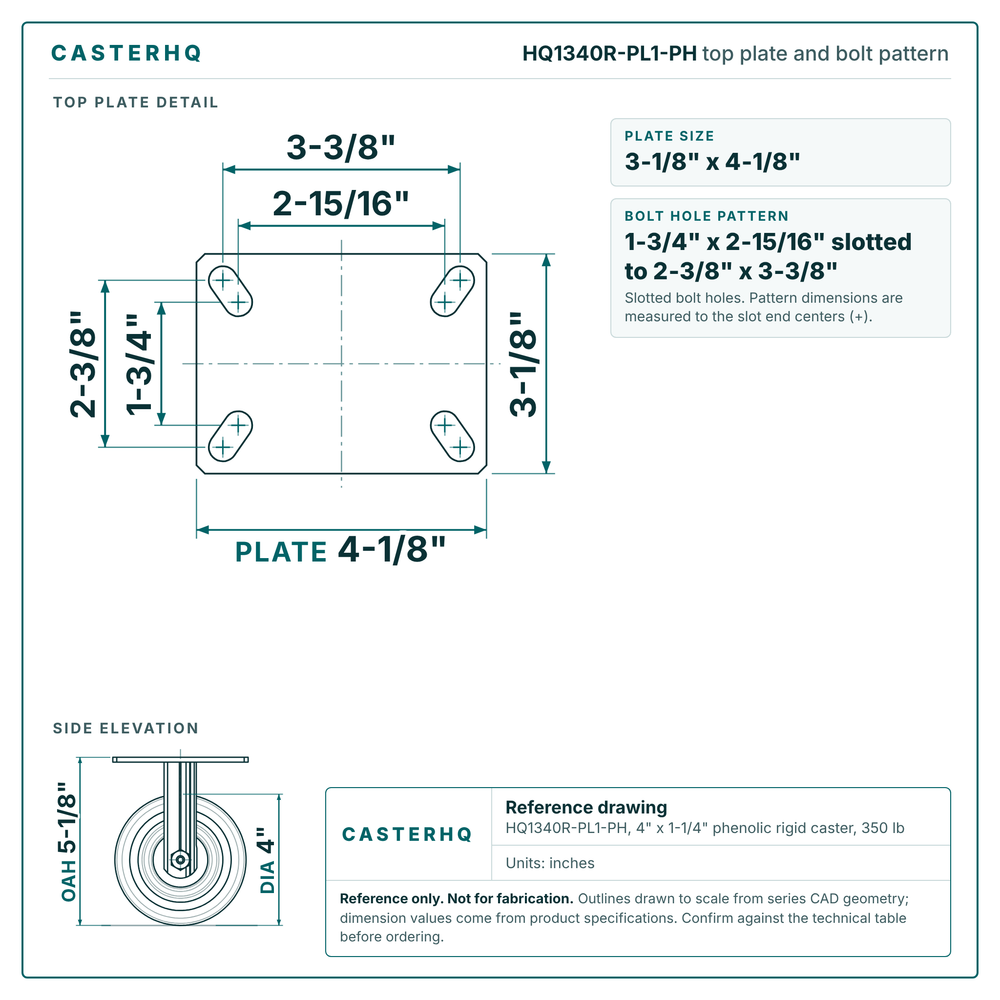 Top plate bolt pattern drawing, 3-1/8 x 4-1/8 in plate, 1-3/4 x 2-15/16 in slotted to 2-3/8 x 3-3/8 in, slotted bolt holes