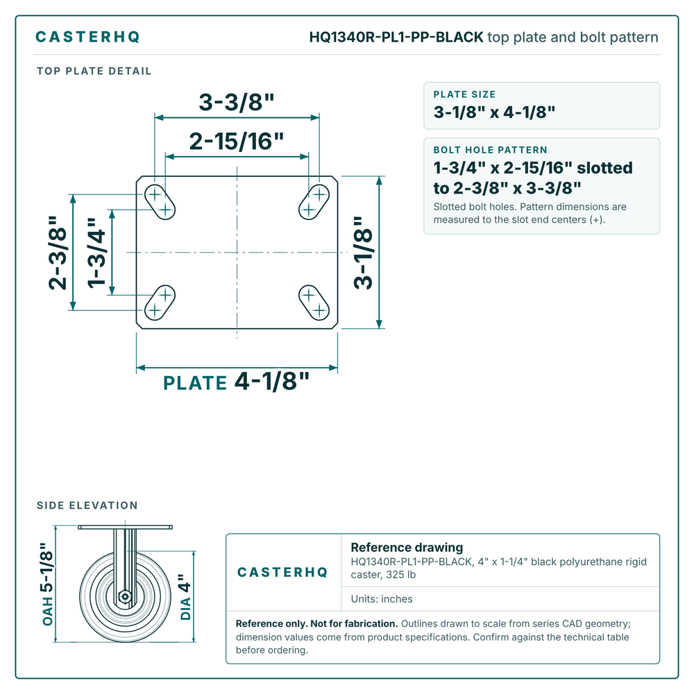 Top plate bolt pattern drawing, 3-1/8 x 4-1/8 in plate, 1-3/4 x 2-15/16 in slotted to 2-3/8 x 3-3/8 in, slotted bolt holes