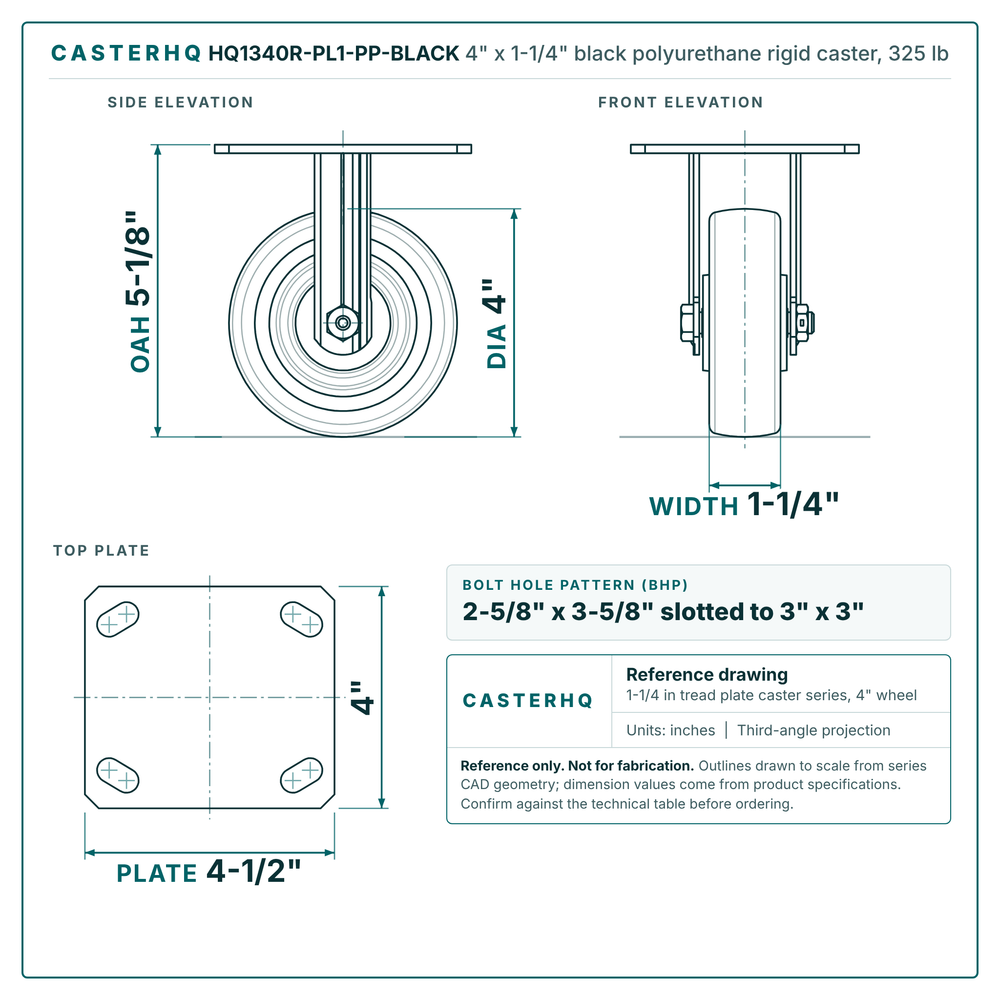 4 x 1-1/4 in black polyurethane rigid caster reference drawing, 4 x 4-1/2 in top plate, side, front and top plate views with dimensions