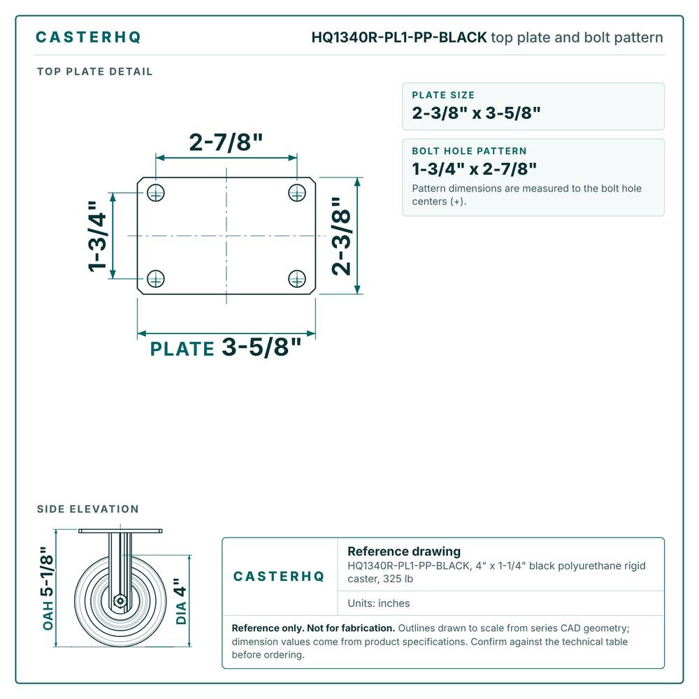 HQ1340R-PL1-PP-BLACK top plate bolt pattern drawing, 2-3/8 x 3-5/8 in plate, round bolt holes