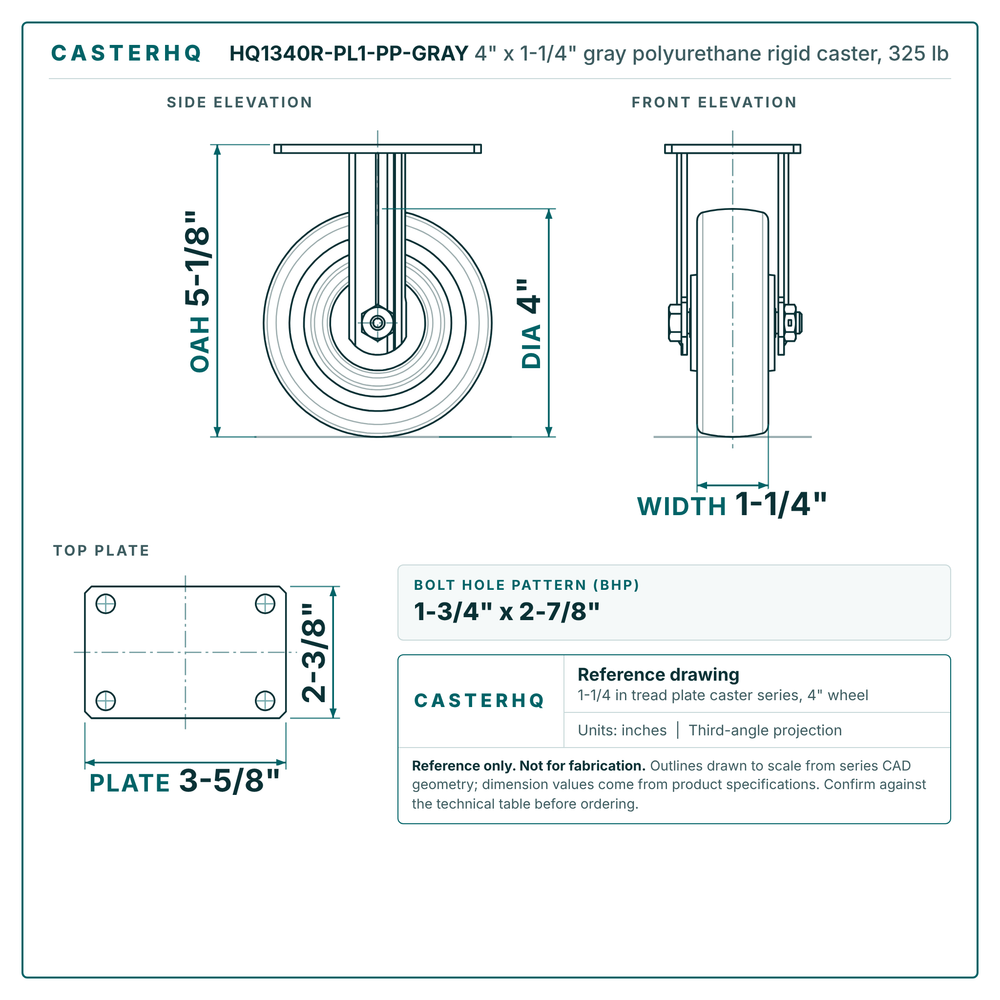 HQ1340R-PL1-PP-GRAY 4 x 1-1/4 in gray polyurethane rigid caster reference drawing, side, front and top plate views with dimensions