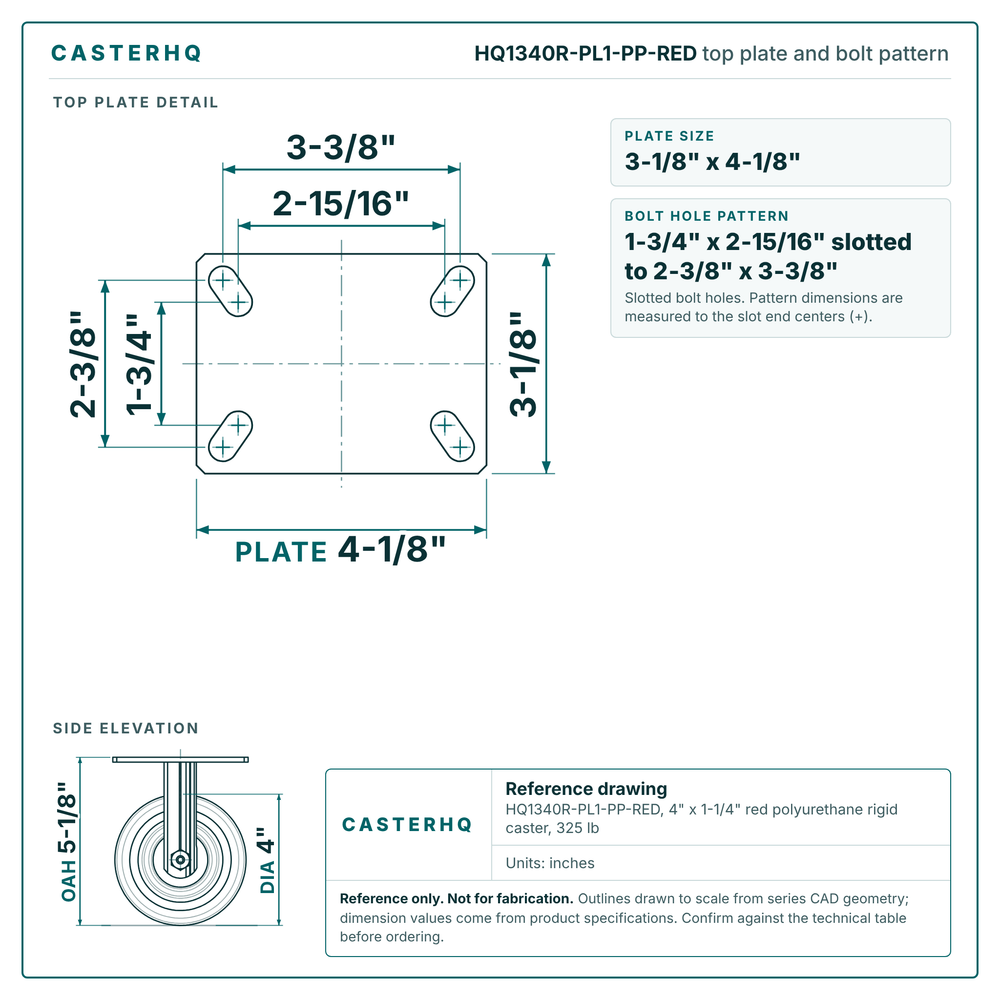 Top plate bolt pattern drawing, 3-1/8 x 4-1/8 in plate, 1-3/4 x 2-15/16 in slotted to 2-3/8 x 3-3/8 in, slotted bolt holes