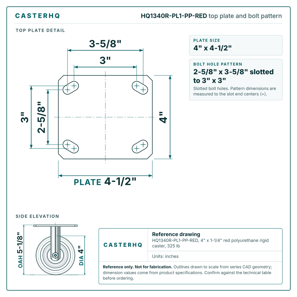 Top plate bolt pattern drawing, 4 x 4-1/2 in plate, 2-5/8 x 3-5/8 in slotted to 3 x 3 in, slotted bolt holes