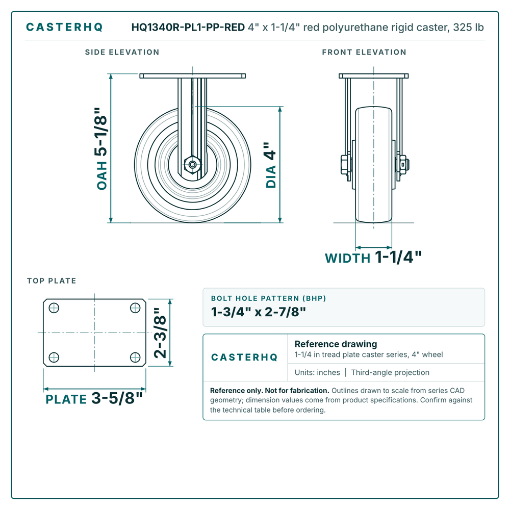 HQ1340R-PL1-PP-RED 4 x 1-1/4 in red polyurethane rigid caster reference drawing, side, front and top plate views with dimensions