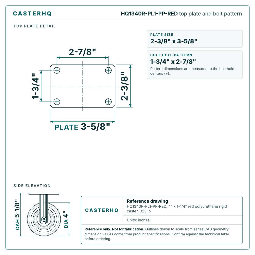 HQ1340R-PL1-PP-RED top plate bolt pattern drawing, 2-3/8 x 3-5/8 in plate, round bolt holes