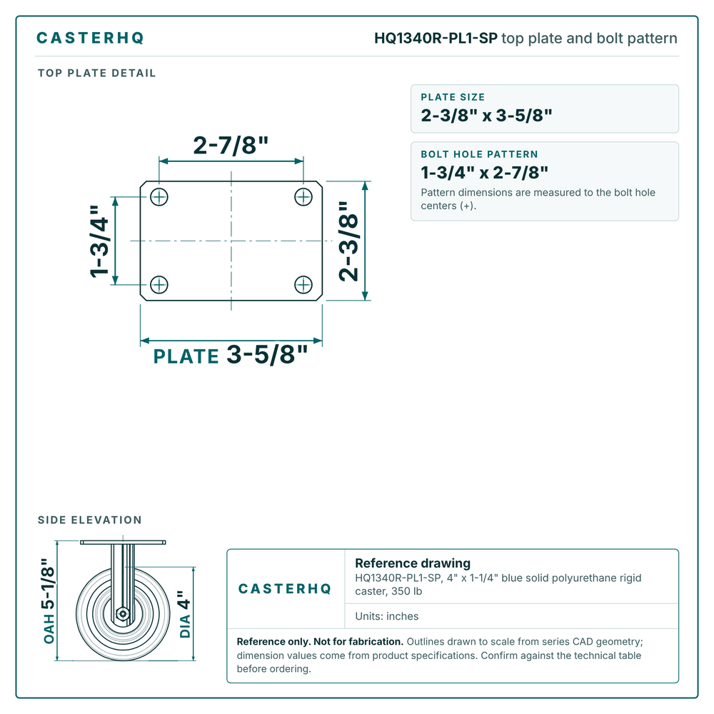 HQ1340R-PL1-SP top plate bolt pattern drawing, 2-3/8 x 3-5/8 in plate, round bolt holes