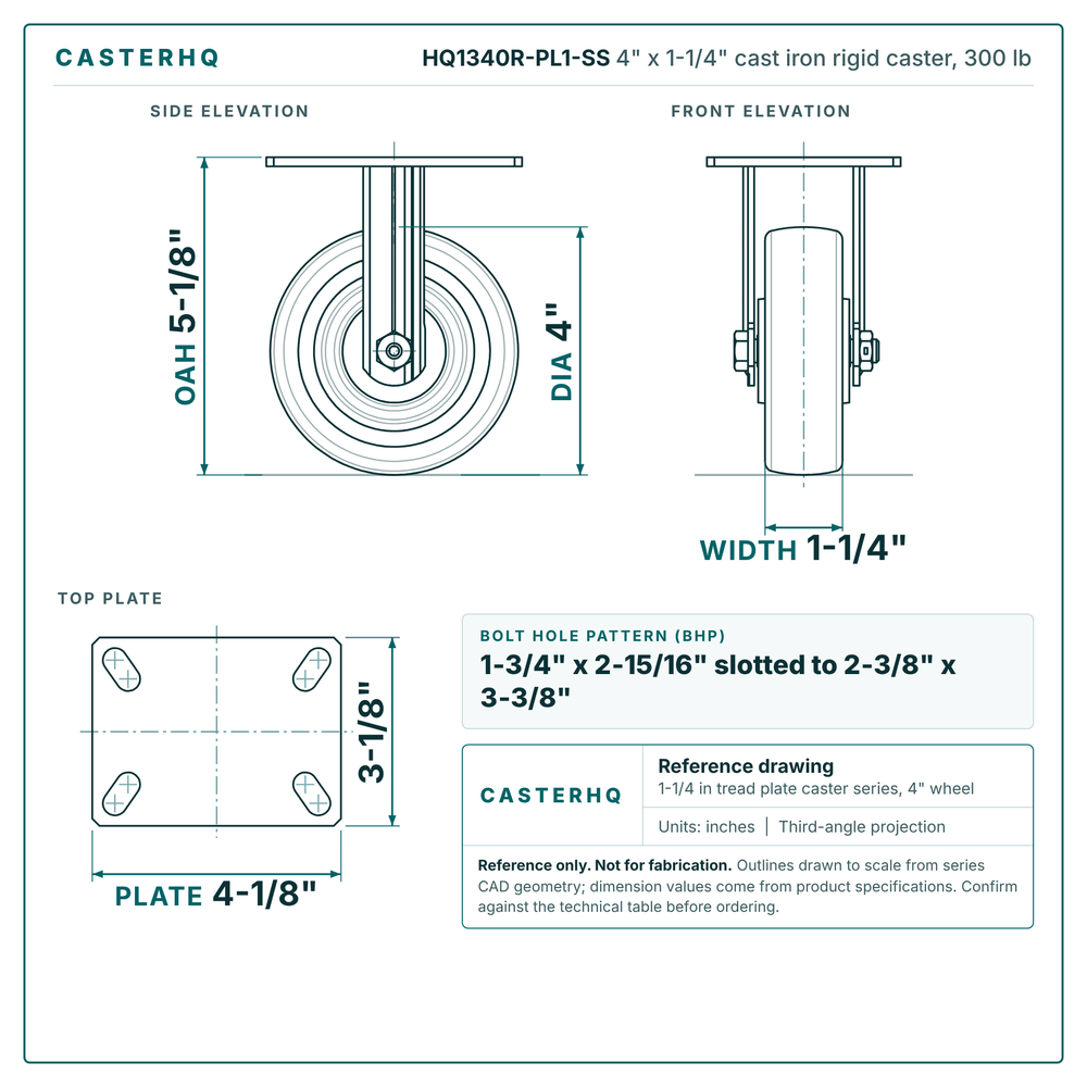 4 x 1-1/4 in cast iron rigid caster reference drawing, 3-1/8 x 4-1/8 in top plate, side, front and top plate views with dimensions