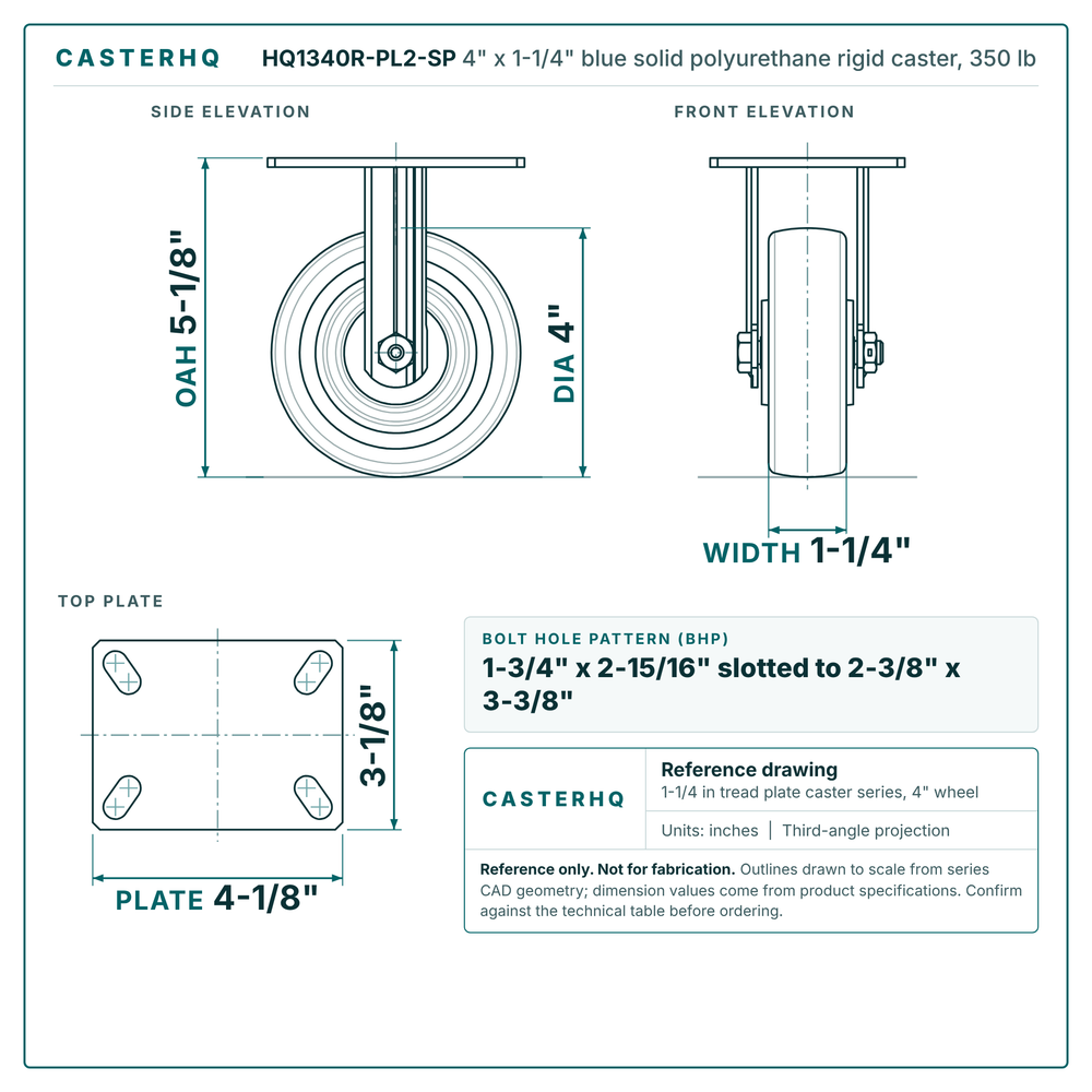 HQ1340R-PL2-SP 4 x 1-1/4 in blue solid polyurethane rigid caster reference drawing, side, front and top plate views with dimensions