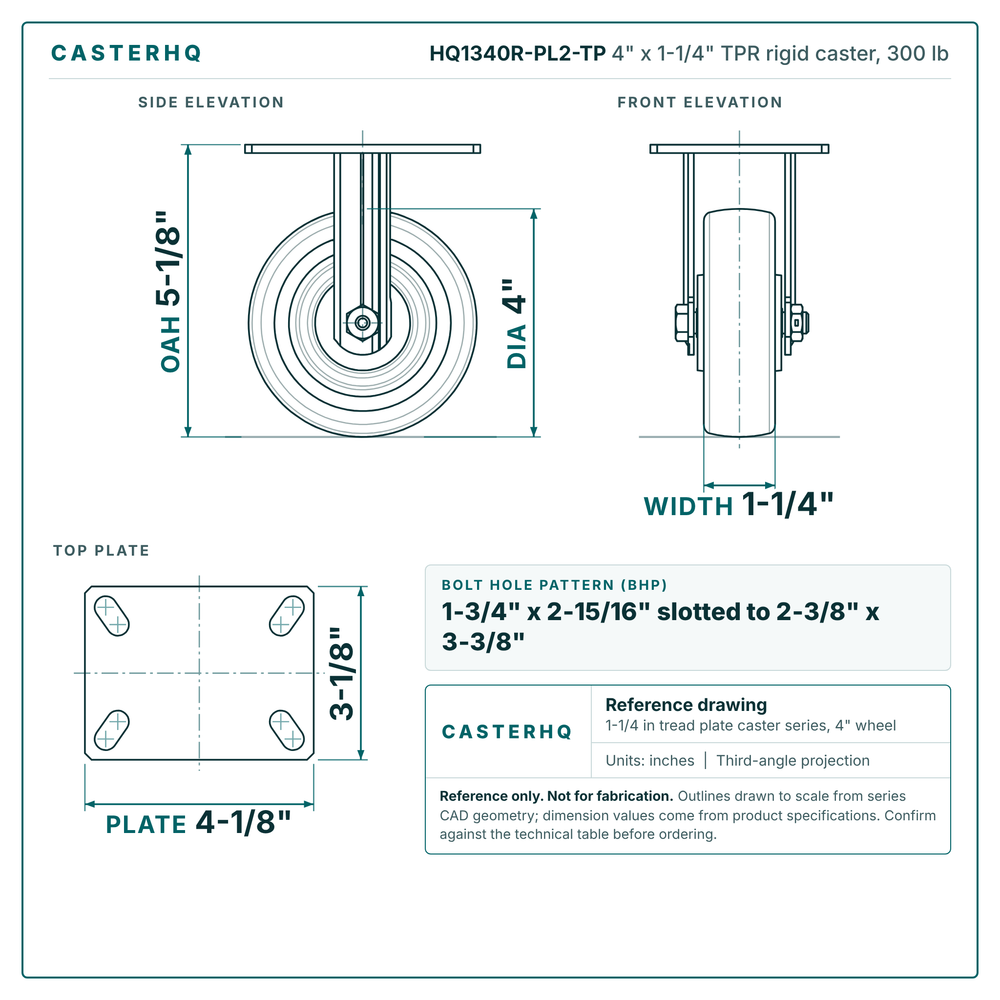 HQ1340R-PL2-TP 4 x 1-1/4 in TPR rigid caster reference drawing, side, front and top plate views with dimensions