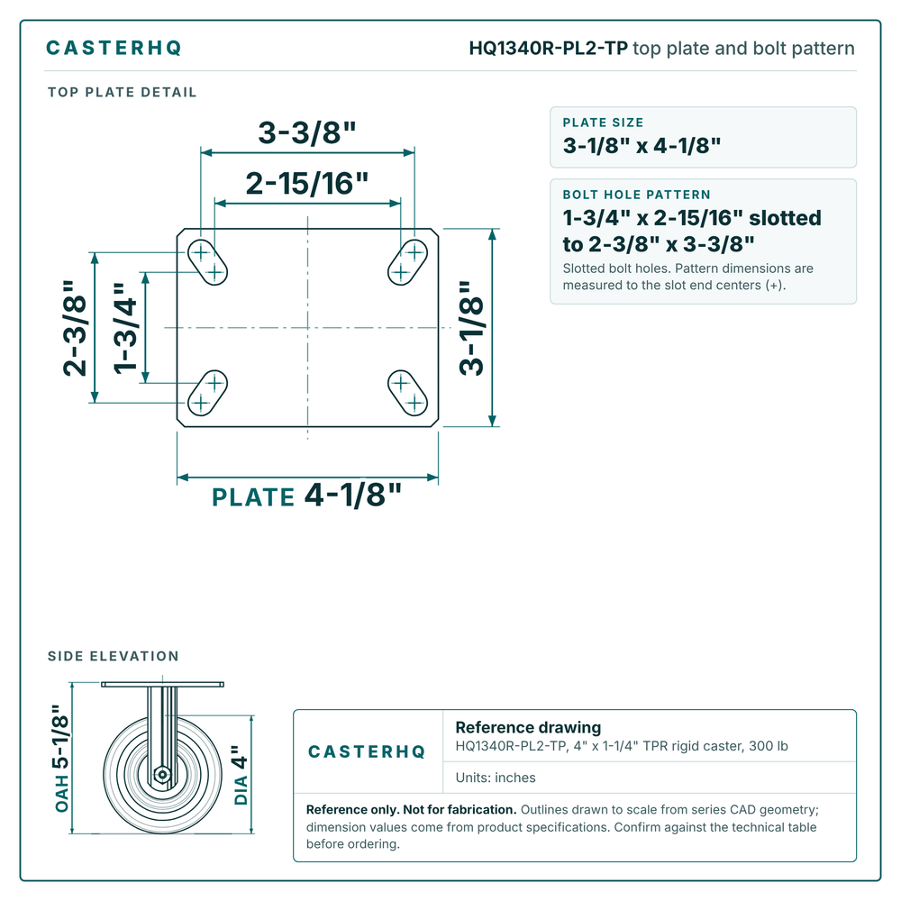 HQ1340R-PL2-TP top plate bolt pattern drawing, 3-1/8 x 4-1/8 in plate, slotted bolt holes
