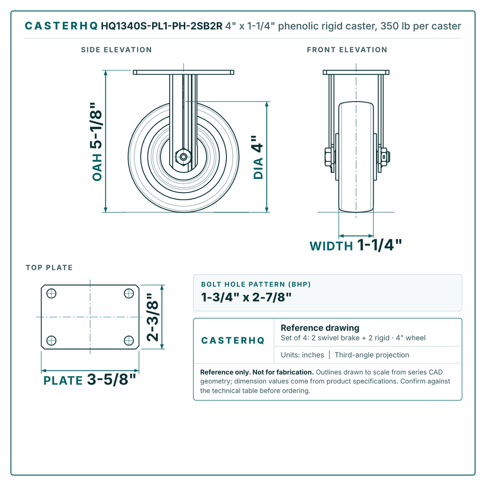 4" x 1-1/4" phenolic rigid caster reference drawing, side, front and top plate views with dimensions