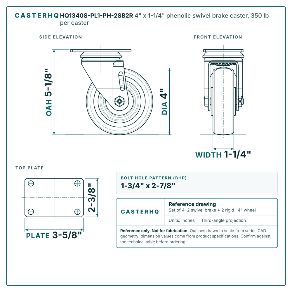 4" x 1-1/4" phenolic swivel brake caster reference drawing, side, front and top plate views with dimensions