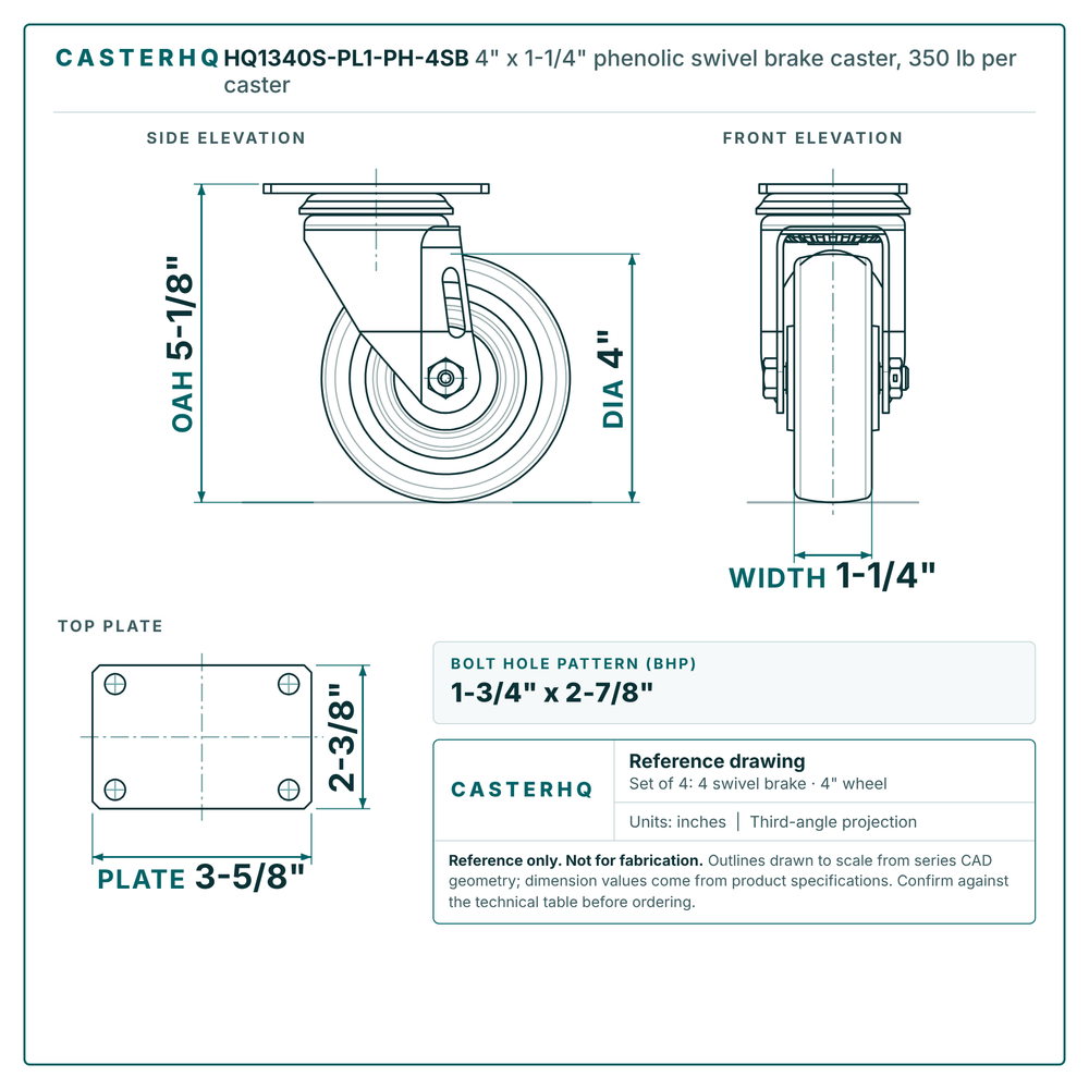 4" x 1-1/4" phenolic swivel brake caster reference drawing, side, front and top plate views with dimensions