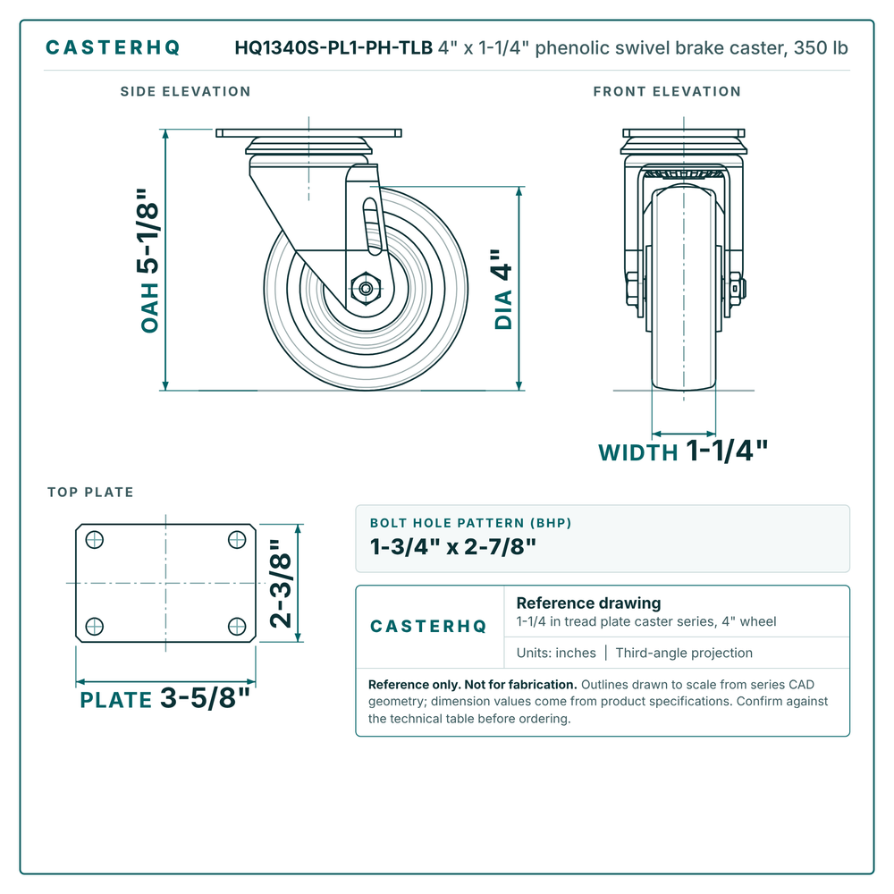 4" x 1-1/4" phenolic swivel brake caster reference drawing, side, front and top plate views with dimensions