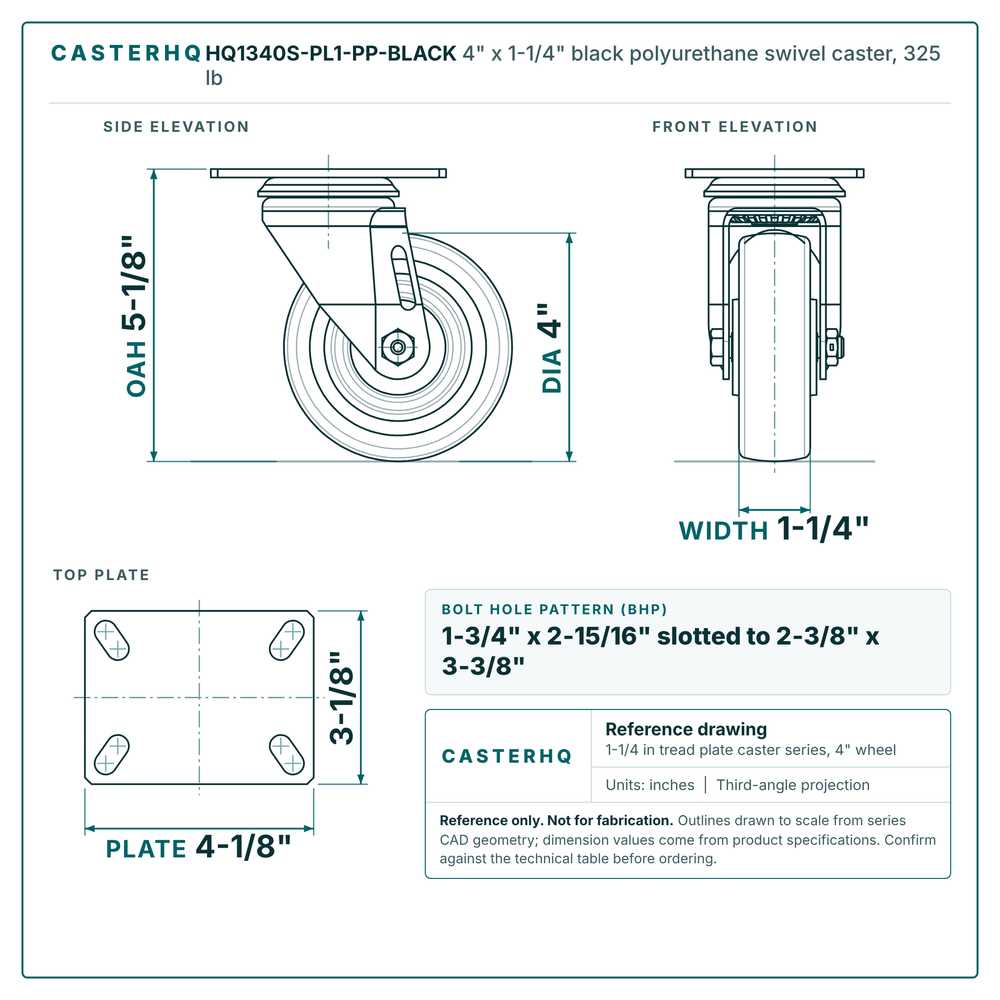 4 x 1-1/4 in black polyurethane caster reference drawing, 3-1/8 x 4-1/8 in top plate, side, front and top plate views with dimensions