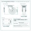 4 x 1-1/4 in black polyurethane caster reference drawing, 3-1/8 x 4-1/8 in top plate, side, front and top plate views with dimensions