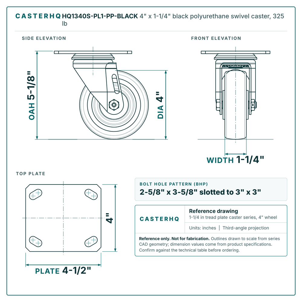 4 x 1-1/4 in black polyurethane caster reference drawing, 4 x 4-1/2 in top plate, side, front and top plate views with dimensions