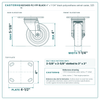4 x 1-1/4 in black polyurethane caster reference drawing, 4 x 4-1/2 in top plate, side, front and top plate views with dimensions