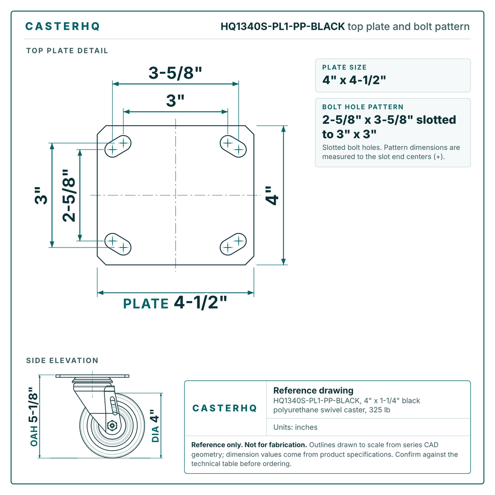 Top plate bolt pattern drawing, 4 x 4-1/2 in plate, 2-5/8 x 3-5/8 in slotted to 3 x 3 in, slotted bolt holes